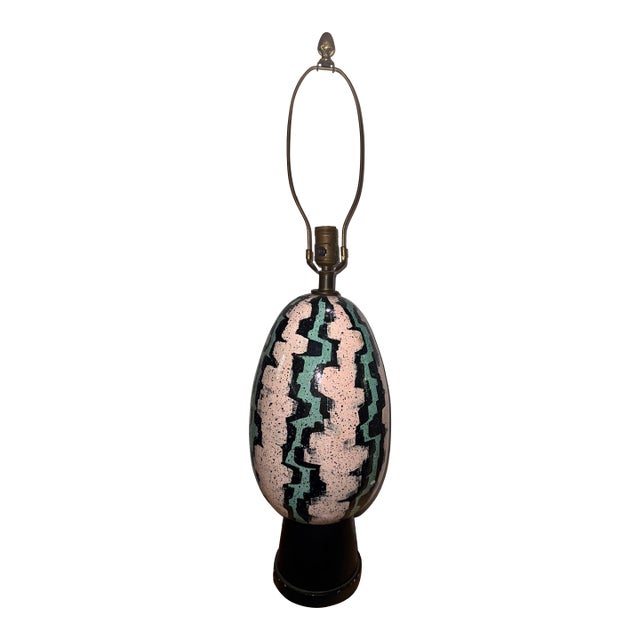 Artful Painting Like Mid Century Modern Turned Pottery Ceramic Lamp For Sale
