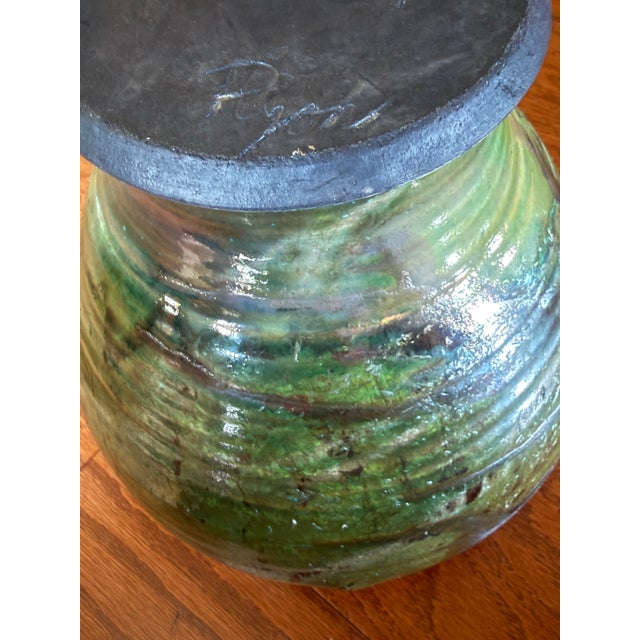 Exquisite Signed "Ryon" Large Studio Art Raku Lidded Vessel With Ceramic Branch-Like Handle With Decorative Jewel Adornment - Vintage For Sale - Image 10 of 12