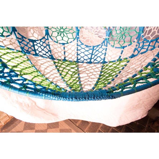 Groovy Mod Woven Fiber Cord Hanging Egg Chair in Blue Green White For Sale - Image 12 of 13
