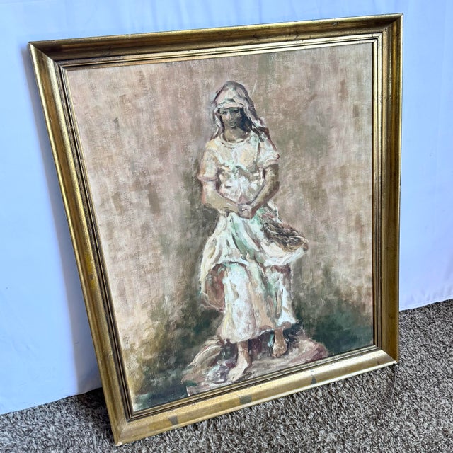 Vintage Painted Framed Oil on Canvas Lady in Dress For Sale - Image 4 of 5