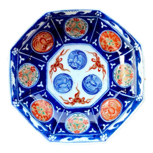 Antique Japanese Imari Octagonal Porcelain Bowl, Cobalt Blue & Iron Red, Meiji Period