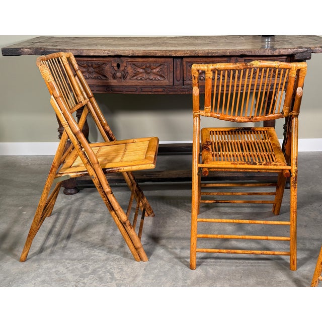 Wood Vintage Mid Century Coastal Bamboo Rattan Folding Chairs - Set of 4 For Sale - Image 7 of 11