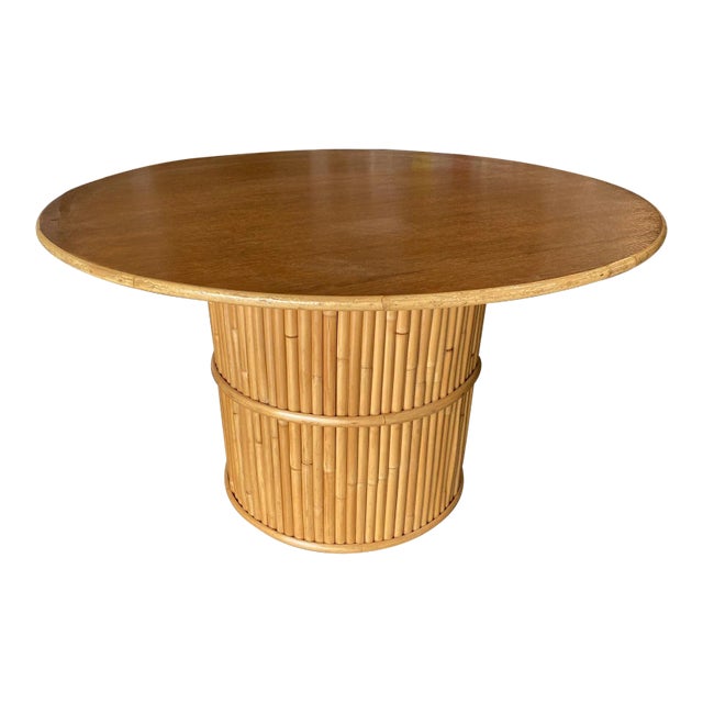 Restored Round Stacked Rattan Pedestal Dining Table Mahogany Top For Sale
