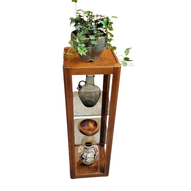 Mid-Century Modern Danish Modern C1970s Teak Pillar Plant Stand Uldum Mobler Denmark With Smoke Gray Glass Shelving For Sale - Image 3 of 16