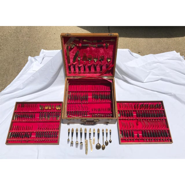 1950s Rosewood and Brass Siam Flatware Boxed Set - Service for 12, 144-Pieces For Sale - Image 12 of 12