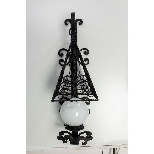 French Sconces in Wrought Iron and Opalin Glass, 1960, Set of 2 For Sale - Image 4 of 18