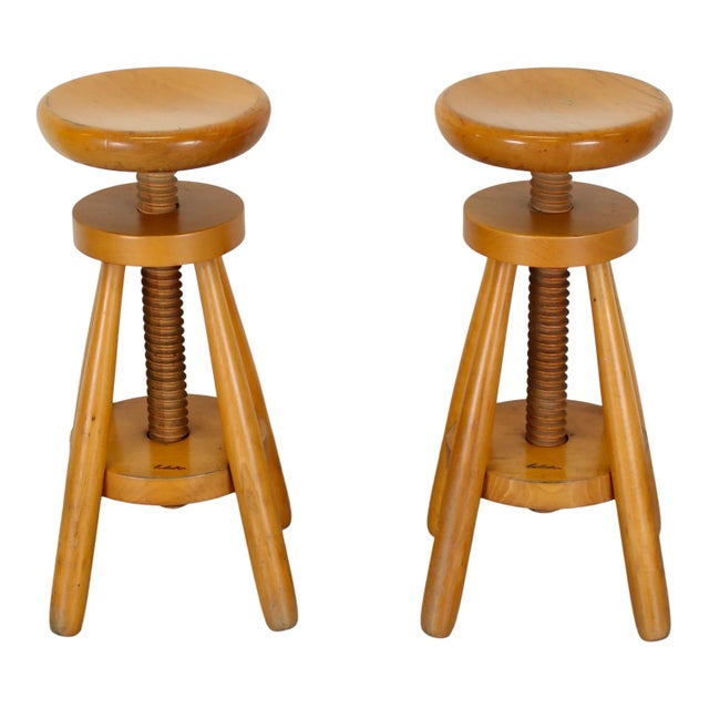 Mid-Century Modern Mid-Century Modern Adjustable Swivel Fir Screw Stools, Italy, 1960s, Set of 2 For Sale - Image 3 of 12