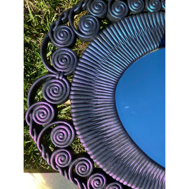 Vintage Faux Wicker Rattan Homco Bathroom Vanity Wall Hanging Mirror, Colorshifting Purple Oval Mirror For Sale - Image 4 of 7