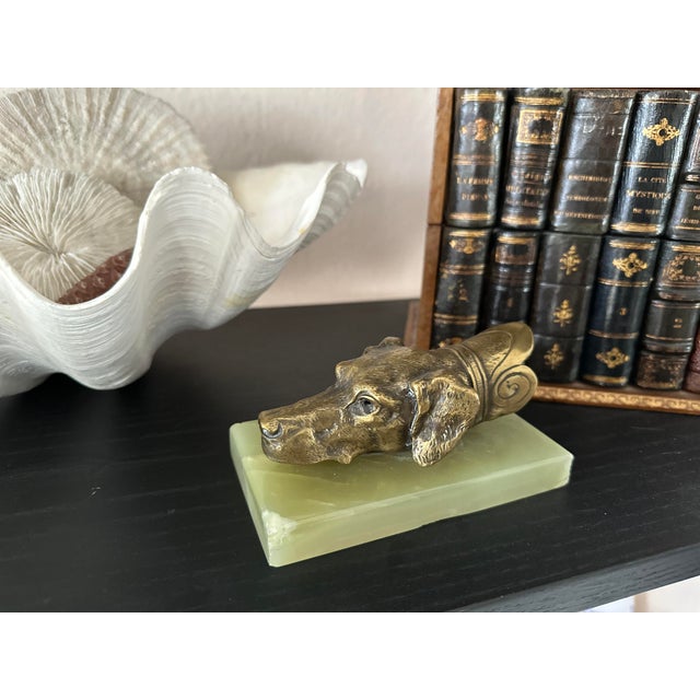 Brass Dog Head Letter Clip on Green Onyx Base, Germany, 1920s For Sale - Image 9 of 13