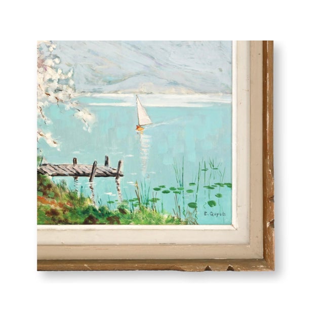 French Country French Painting of Sailboat & Flowering Tree For Sale - Image 3 of 4