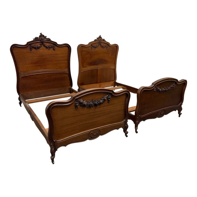 Twin Size Louis XV Style Antique Carved Wood Bed Frames, Pair For Sale