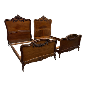 Twin Size Louis XV Style Antique Carved Wood Bed Frames, Pair