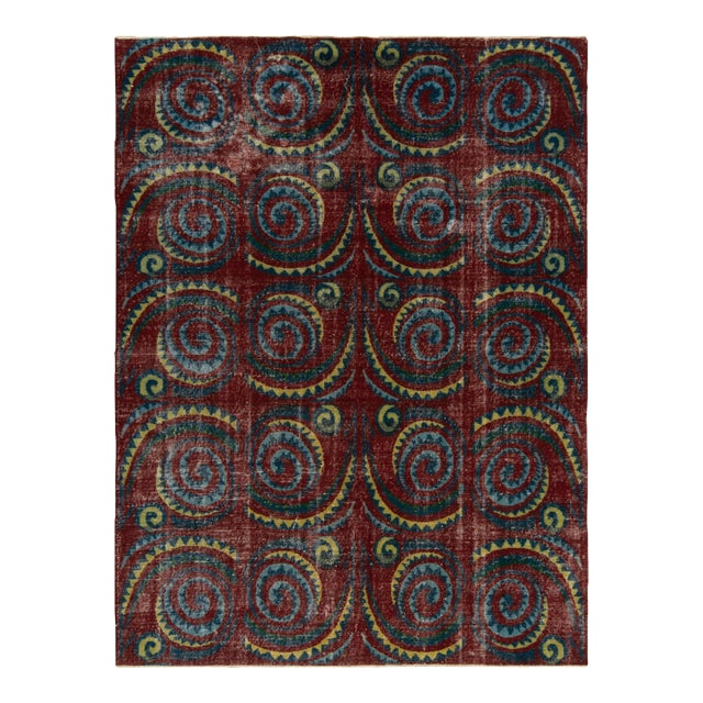 1960s Vintage Art Deco Rug in Red Blue & Green Geometric Pattern, by Rug & Kilim For Sale