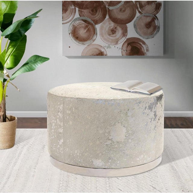 2020s Pasargad Home Safari Cowhide Round Ottoman with Silver Steel Base For Sale - Image 5 of 6
