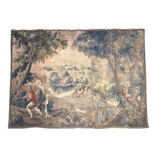 18th Century French Aubusson Pastoral Tapestry With Fishermen, Verdure & Castle For Sale