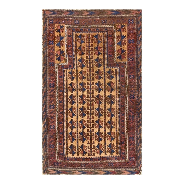1890s Geometric Tribal Antique Baluch-Turkmen Rug 2'9" X 4'7" Handknotted Wool Carpet For Sale