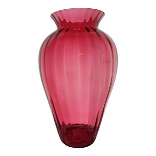 Vintage Large Pilgrim West Virginia Hand Blown Cranberry Optic Art Glass Tall Vase For Sale