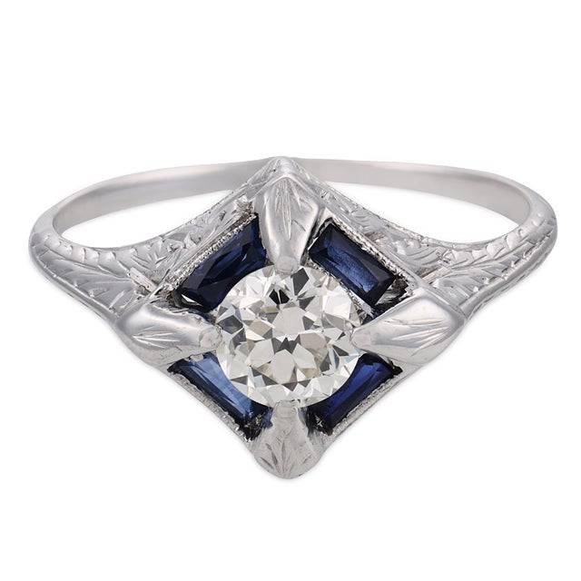 Art Deco 1920s Art Deco Diamond Synthetic Sapphire 18k White Gold Ring, Size 7 For Sale - Image 3 of 6