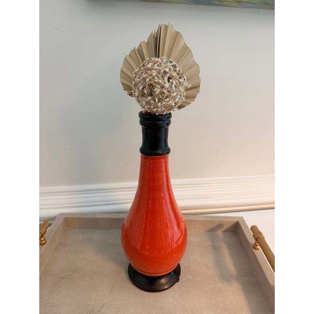 Ceramic Crackle Glaze Coral Orange Ceramic Vase With Black Rim Accent For Sale - Image 7 of 8