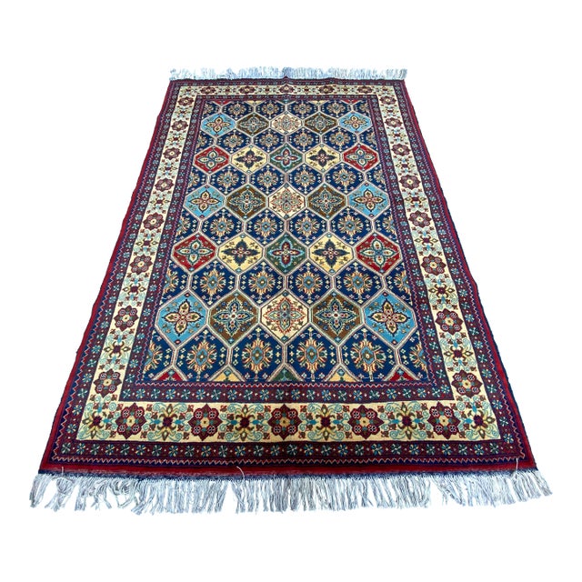 5′0″ × 7′3″ Hand-Knotted Afghan Wool Rug in Deep Blue, Red & Gold — Persian Kashan Style With Geometric Medallion Design For Sale