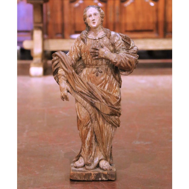 17th Century 17th Century French Louis XIV Carved Polychrome Devotional Female Saint Figure For Sale - Image 5 of 9