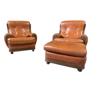 Pair of Vintage Dutch Faux Leather Lounge Chair and Ottoman For Sale