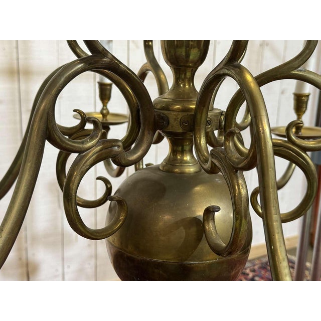 Two-Tier 12-Light Dutch Brass Chandelier, 1930s For Sale - Image 16 of 18