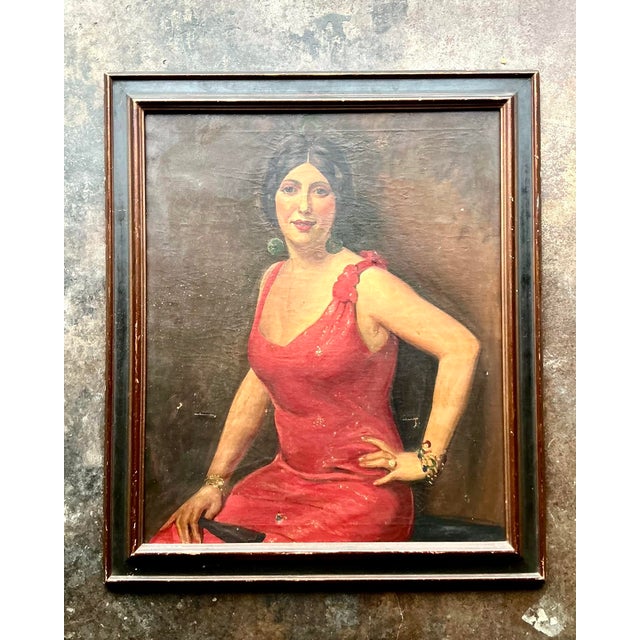 Red Vintage Boho Original Art Deco Oil Portrait of Woman For Sale - Image 8 of 9