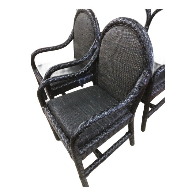 1990s Black Leather Wrapped Braided Dining Arm Chairs - Set of 2 For Sale