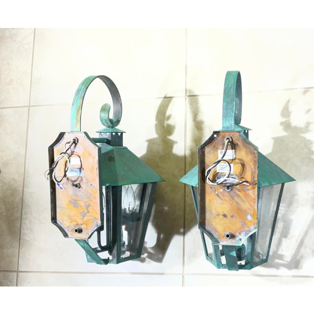Vintage Solid Copper & Brass Outdoor Lantern Sconces / 18”h X 11”w X 12”d For Sale - Image 12 of 18