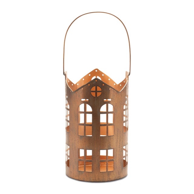 Add rustic charm to your holiday decor with this Punched Metal House Lantern Set. Featuring a warm copper brown finish,...