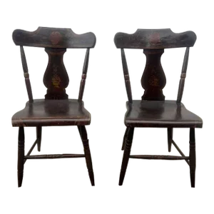 Early 20th Century Antique Early American Rustic Style Painted Decorated Plank Bottom Side Chairs - A Pair