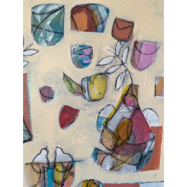 Cream Contemporary 'The Party' Original Abstract Still Life Acrylic and Oil Pastel Painting, Framed For Sale - Image 8 of 8