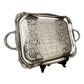Vintage English Ornate Engraved Metal Twin Handle Tray For Sale