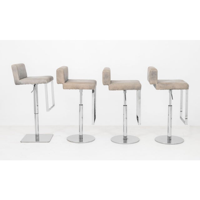 Contemporary Modern Gray Leather and Chrome Bar Stools, 4 For Sale - Image 3 of 11