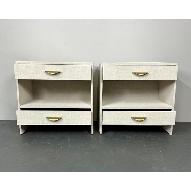 Pair Custom Linen Wrapped Open Commodes, Chests, Nightstands, White, American For Sale - Image 12 of 18