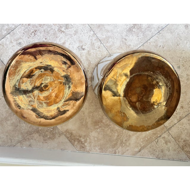 Hollywood Regency Style Ceramic Mushroom Side Tables With Gold Harlequin & Polka Dot Pattern - A Pair For Sale - Image 4 of 9