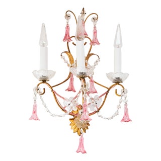 Italian Wall Sconce in Gilt Metal and Pink Crystals, 1970 For Sale