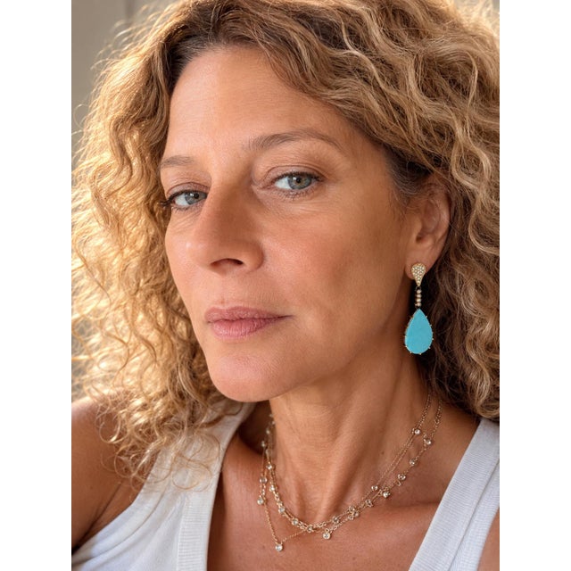 Italian 18k Gold Turquoise and Diamond Drop Earrings, Pair For Sale - Image 11 of 11