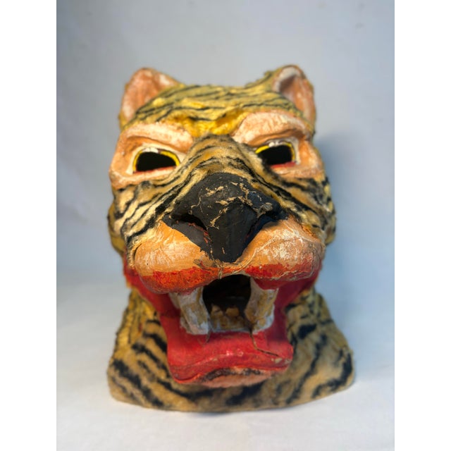 Mid 20th Century Pair of Vintage Hand Painted Folk Art Tiger and Cheetah Masks For Sale - Image 5 of 12