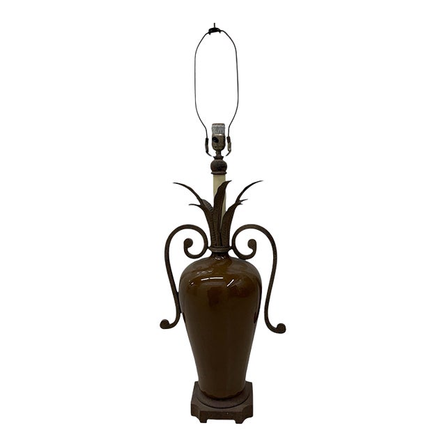 Urn Shaped Lamp With Metal Fronds Asian Inspired Jungle Chic Scrolling Metal Handles Moss Brown Crackle Glaze For Sale