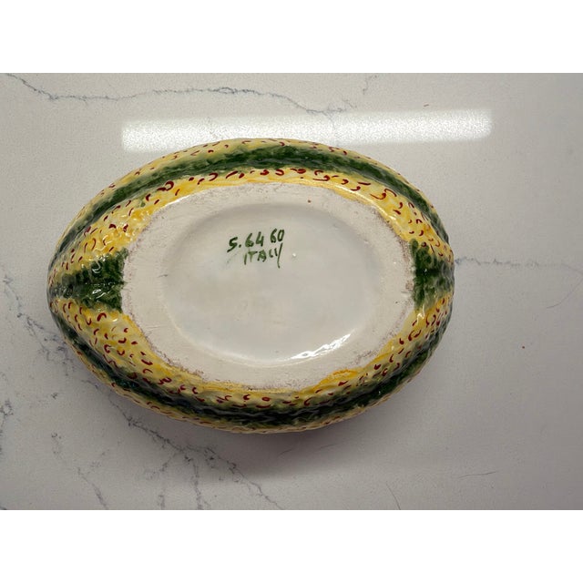 Ceramic Vintage Italian Majolica Melon Tureen With Lid Hand Painted Ceramic Serving Bowl with Turquoise Vine & Leaf Detail For Sale - Image 7 of 8