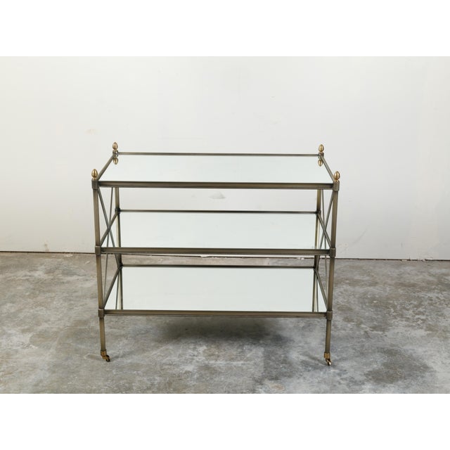 Mid-Century Modern Italian Midcentury Patinated Metal Trolley with Mirrored Shelves and Casters For Sale - Image 3 of 10