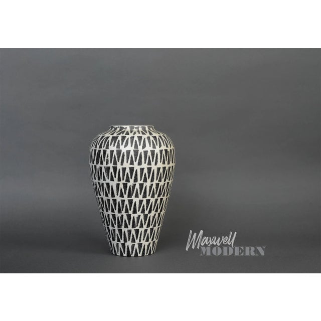 Incredibly beautiful vintage MCM Italian ceramic vase with a striking abstract graphic black and white pattern from top to...