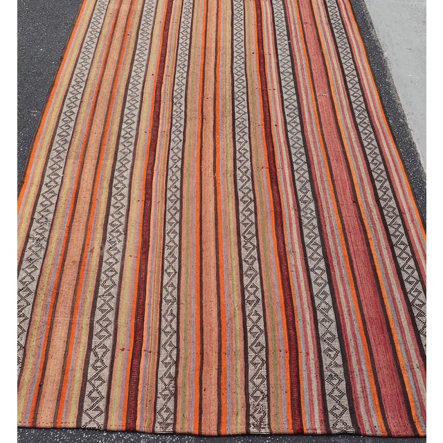 Tribal Mid-20th Century Hand-Woven Kilim Runner With Vertical Stripes 4'9 X 17'2 For Sale - Image 3 of 13