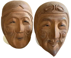 Vintage Japanese Kyogen Masks in Hand-Carved Wood, 1950s, Set of 2