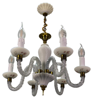 Italian Murano White Clear and Milk Glass Six-Arm Chandelier, 1950s