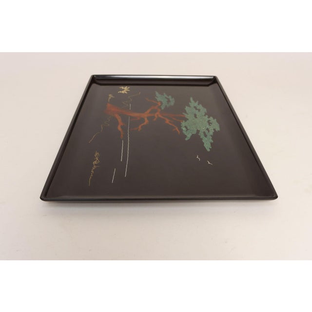 Large, rectangular tray by Couroc of California with Monterey Cypress Tree motif (circa 1960s). Signed SFB Morse (Samuel...
