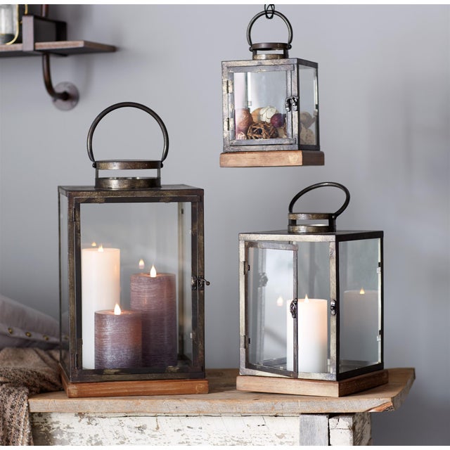 Art Deco Metal Box Lantern with Wood Base (Set of 3) For Sale - Image 3 of 3