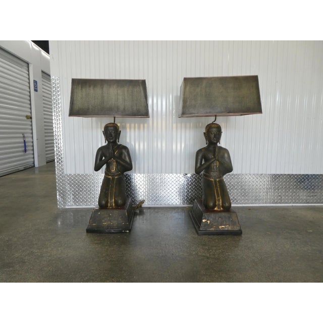 Monumental Thai Bronze Kneeling Monk Table Lamps - a Pair possibly antique standing 43 inches tall sold as found without...